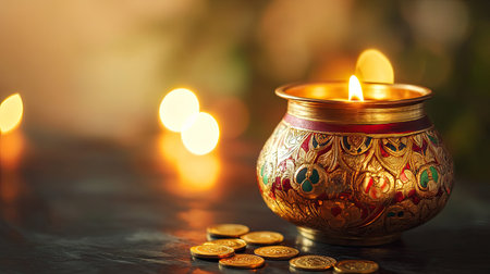 Traditional Indian savings jar with rupee coins inside, surrounded by copy spaceの素材