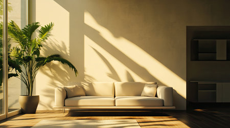 Living room with natural lighting, featuring a sleek sofa and abundant space for text.の素材
