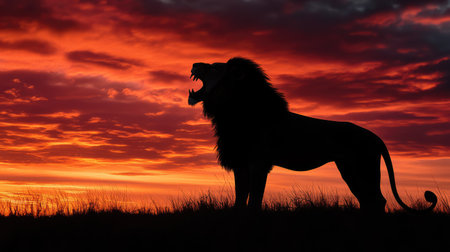 Silhouette of a lion roaring against a vibrant sunset, with ample copy space in the sky.の素材