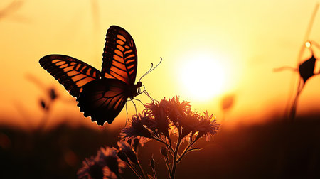 Silhouette of a butterfly resting on a flower, with a glowing sunset in the background and room for copyの素材