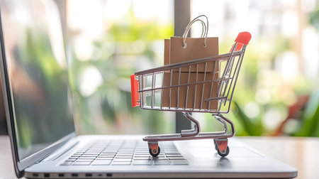 Close-up of online shopping on a laptop screen, leaving room for copy on the side.の素材