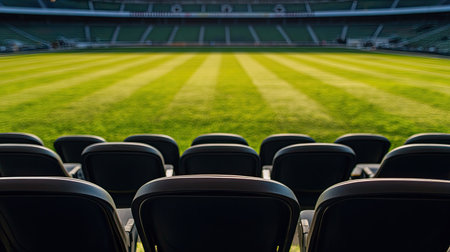 Empty stadium seats with a view of the football pitch, leaving room for text.の素材