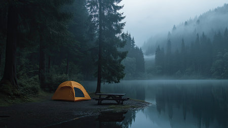 Empty holiday campsite by a peaceful lake, leaving space for copy.の素材