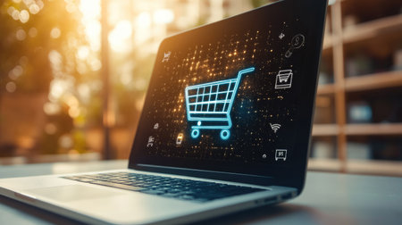 Laptop and shopping cart icon on a clean workspace, with ample copy space in the background.の素材
