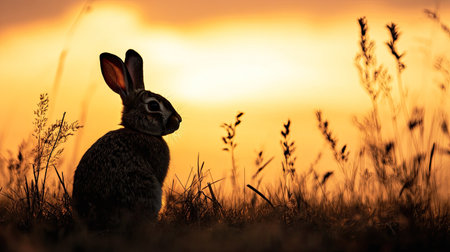 Silhouette of a rabbit sitting in a field at twilight, with ample copy space in the sky.の素材
