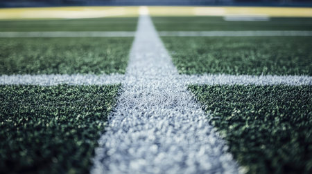 Close-up of the white markings on a football field in an empty stadium, with space for copy.の素材