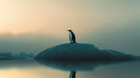 Silhouette of a penguin standing on an iceberg at dawn, leaving ample space for copy in the sky.の素材