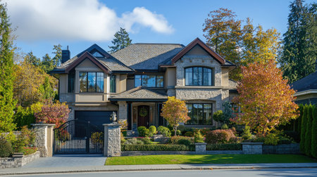Large, luxurious house in a peaceful city street, with plenty of space for copy in the background.の素材