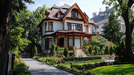 Large, luxurious house in a peaceful city street, with plenty of space for copy in the background.の素材