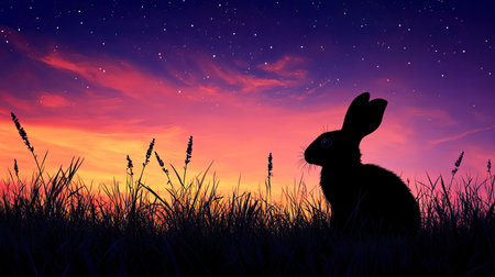 Silhouette of a rabbit sitting in a field at twilight, with ample copy space in the sky.の素材