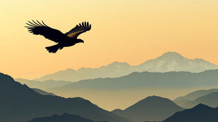 Silhouette of an eagle soaring over a mountain range with space for text in the clear skyの素材