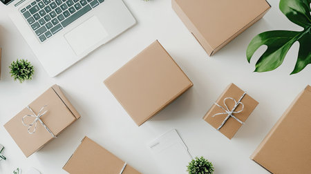 Ecommerce product boxes arranged on a clean desk, with copy space available.の素材
