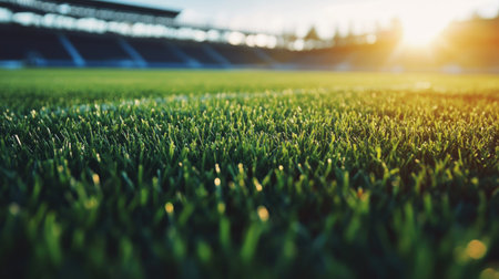 Close-up of the green grass in a large football stadium, with ample room for copy.の素材