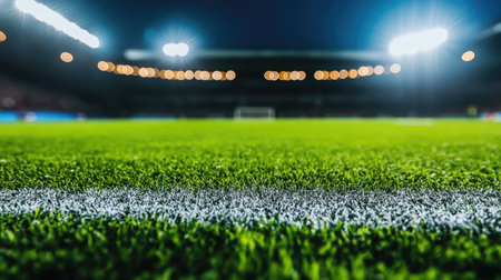Detailed shot of a football stadium with bright floodlights and space for text in the background.の素材