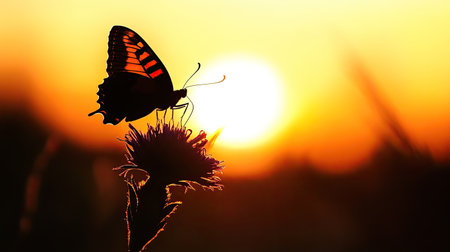 Silhouette of a butterfly resting on a flower, with a glowing sunset in the background and room for copyの素材