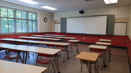 High school classroom with group seating and a large whiteboard, leaving ample space for copy in the background.の素材
