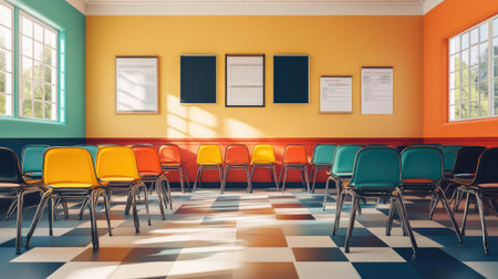 Bright North American classroom with colorful chairs and educational posters, leaving room for copy on the wallsの素材