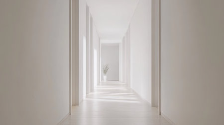 Minimalist modern hallway with clean lines and neutral tones, leaving ample space for copy.の素材