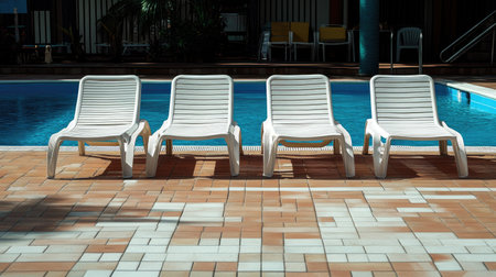 Empty poolside loungers in a holiday resort, leaving ample space for text in the background.の素材