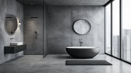 Modern bathroom with minimalist design and a walk-in shower, leaving room for text on the wall.の素材
