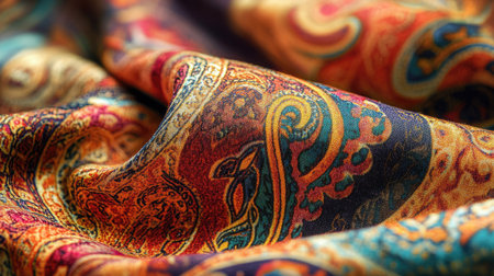 Indian textile fabric with colorful paisley design, folded and leaving space for copy.の素材