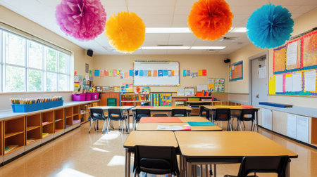 Elementary school classroom with cubbies and colorful decorations, leaving ample copy spaceの素材