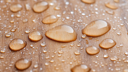 Close-up view of water droplets resting on a wooden surface, showcasing a beautiful natural texture with elegance and a fresh appeal, ideal for various uses.の素材