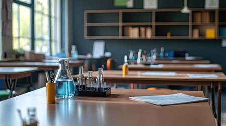 Science lab classroom with clean tables and equipment neatly arranged, leaving space for text.の素材