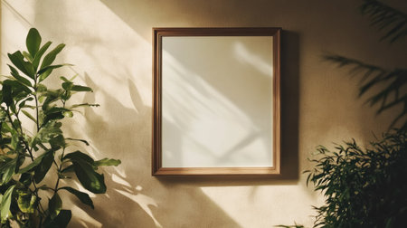 Minimalist square frame in focus on a neutral beige wall, with blank space for text or visuals.の素材