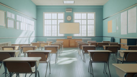 North American classroom with a clean, organized teacher's desk and student desks, leaving space for copy.の素材