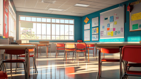 Middle school classroom with individual student desks and colorful posters, leaving space for text.の素材