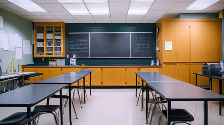 Middle school science lab with clean workstations and a chalkboard, leaving ample room for copy.の素材
