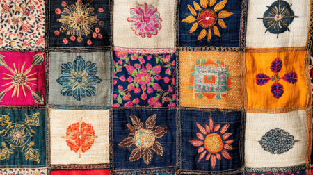 Traditional Indian fabric with geometric designs and bold colors, leaving space for copyの素材