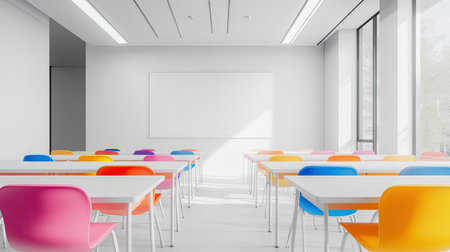 Modern classroom with colorful desks and a whiteboard, leaving room for copy in the background.の素材