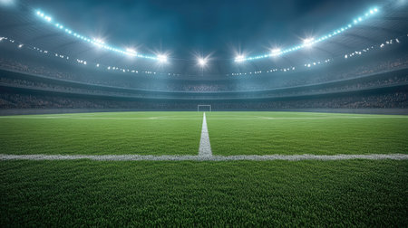 Empty football stadium with bright lights and green turf, leaving space for text in the standsの素材