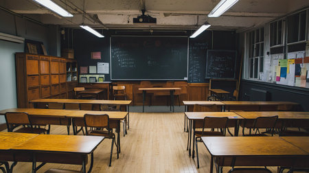 Quiet classroom with neatly organized desks and a chalkboard, leaving room for copy.の素材