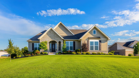 Residential house with a green lawn and blue sky, leaving room for text in the background.の素材