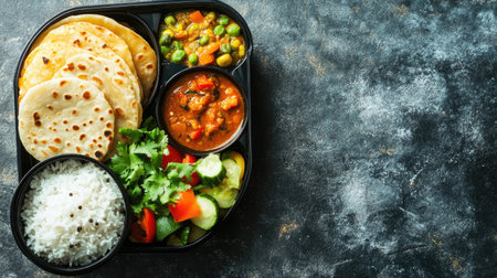 Healthy lunchbox with rice, vegetables, and roti for school kids in India, with copy space.の素材