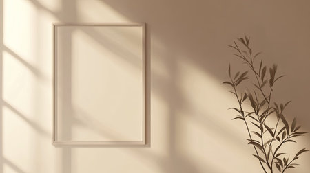 A simple square frame against a soft cream wall, providing a clean, uncluttered space for copy or designs.の素材