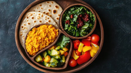 Top view of a school lunchbox with chapati, dal, and vegetables for kids in India, with room for text.の素材