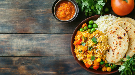 A top view of a healthy school meal with roti, rice, and vegetables for kids, ample space for text.の素材