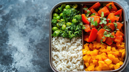 Healthy tiffin box for Indian school kids with rice, dal, and vegetables, copy space available.の素材