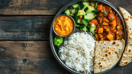 A top view of a healthy school meal with roti, rice, and vegetables for kids, ample space for text.の素材