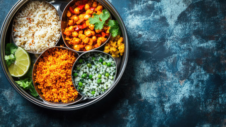 Tiffin box for Indian schoolchildren with poha and vegetables, with ample copy spaceの素材
