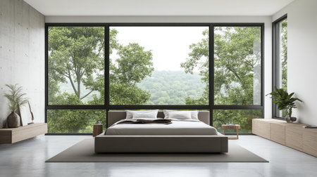 Modern bedroom with a minimalist design and large windows, leaving space for copy.の素材