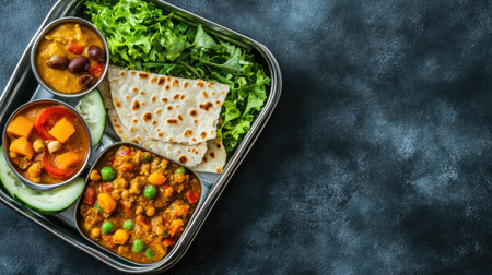 Healthy school lunch for kids with chapati, curry, and salad in an Indian tiffin, with copy spaceの素材