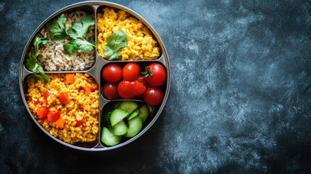 Tiffin box for Indian schoolchildren, filled with poha and vegetables, with copy space around.の素材