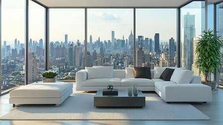 Modern apartment living room with city views and contemporary furniture, leaving room for copyの素材