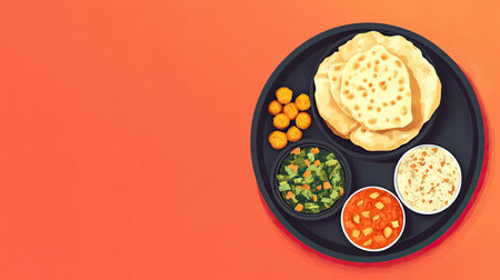 Indian school lunch featuring poori, sabzi, and sweets, with ample space for copy.の素材
