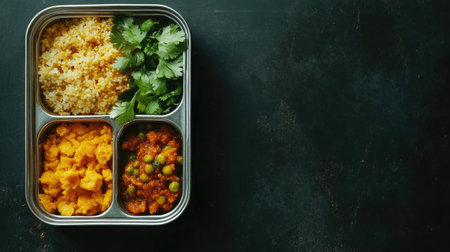 Tiffin box for Indian kids with poha and chutney, plenty of space for text or visuals.の素材